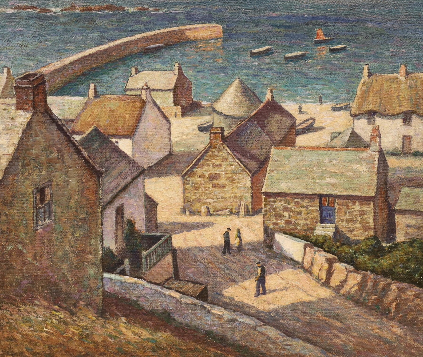 Early 20th century Continental School, oil on canvas, View of a fishing village, 51 x 61cm, unframed